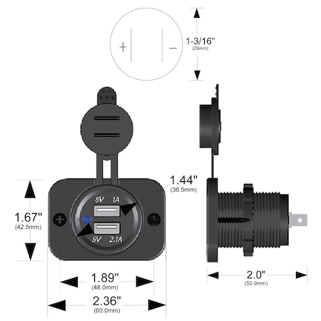 USB Power Socket, Dual 5V 1A & 2.1A With Cover & 3 Mounting Brackets